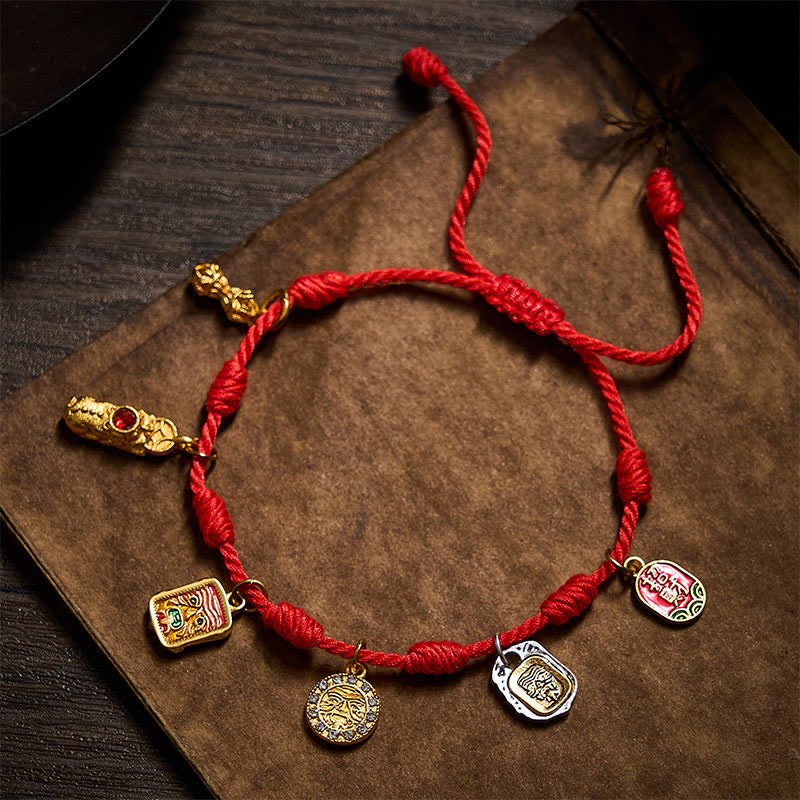Buddha Stones Ręcznie robiona bransoletka Zakiram Fortune & Blessings z czerwonego sznurka z siedmioma węzłami i postacią Fu PiXiu Vajra Luck - image 1
