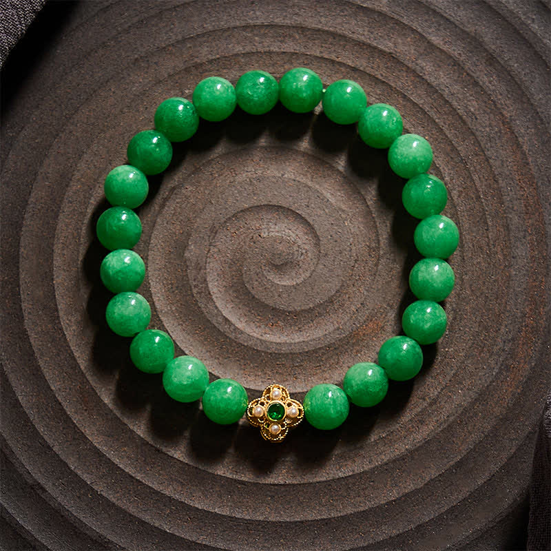 Buddha Stones Bransoletka z koralików jadeitu z naturalnego kwarcytu i kwiatów pokoju - image 1