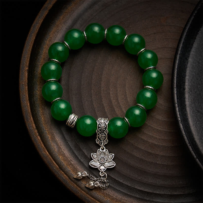 Buddha Stones Bransoletka ochronna z koralików jadeitu z naturalnego zielonego kwarcytu i zawieszką lotosu - Jadeit kwarcytowy (obwód nadgarstka: 17–18 cm) - image 0