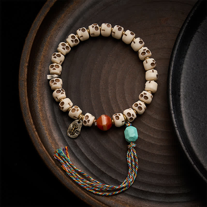 Buddha Stones Tybetańskie koraliki z kości, bransoletka uziemiająca z motywem czaszki Władcy Zwłok - 9 × 6,3 mm - image 0