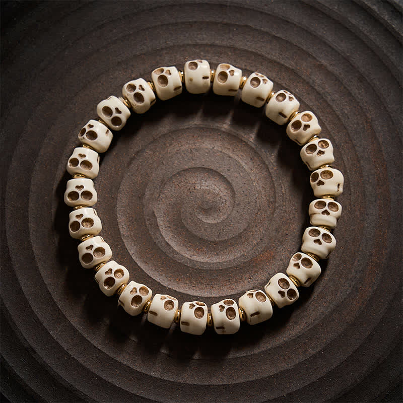 Buddha Stones Bransoletka z tybetańskich koralików z kości, wzór czaszki Władcy Lasu Trupów, ochrona i odwaga - image 1