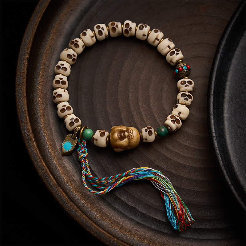Buddha Stones Bransoletka z tybetańskich koralików z kości, wzór czaszki Władcy Trupów, siła i zmiana - 9 × 6,3 mm - image 0