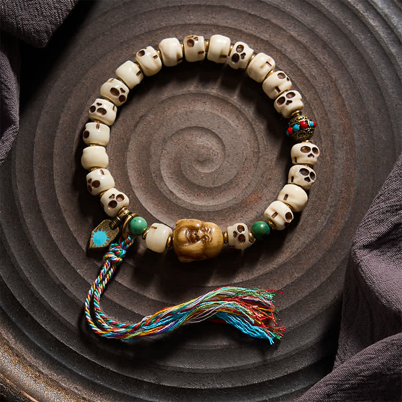 Buddha Stones Bransoletka z tybetańskich koralików z kości, wzór czaszki Władcy Trupów, siła i zmiana - image 1