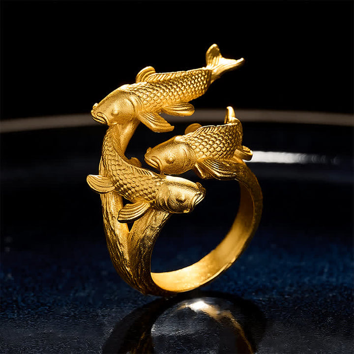 Buddha Stones Pierścień otwarty Retro Alloy Three Koi Fish Wealth - Trzy ryby Koi (US7) - image 0