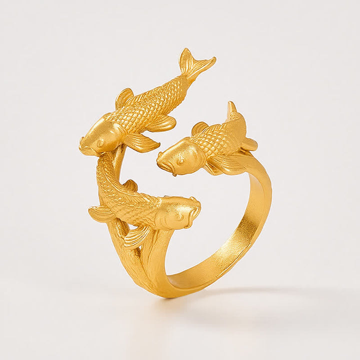 Buddha Stones Pierścień otwarty Retro Alloy Three Koi Fish Wealth - image 4