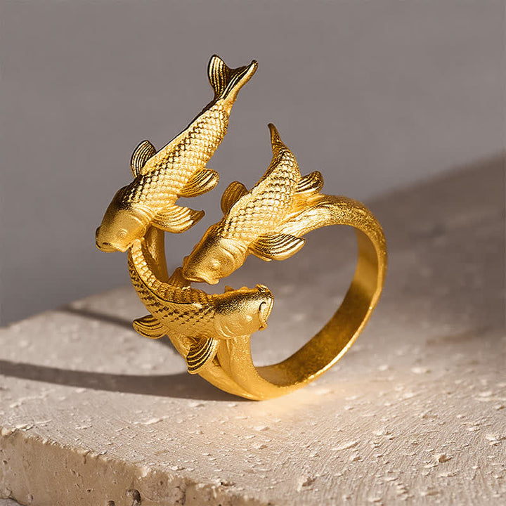 Buddha Stones Pierścień otwarty Retro Alloy Three Koi Fish Wealth - image 2