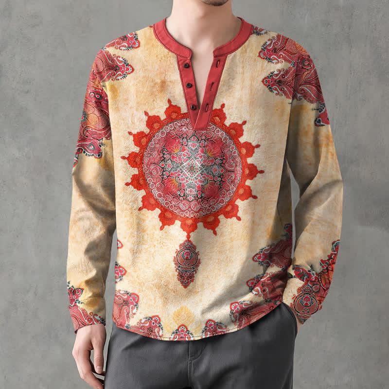 Buddha Stones Koszule męskie z długim rękawem, bawełniane, z etnicznym wzorem paisley i mandalą, z dekoltem w serek i guzikami - image 1