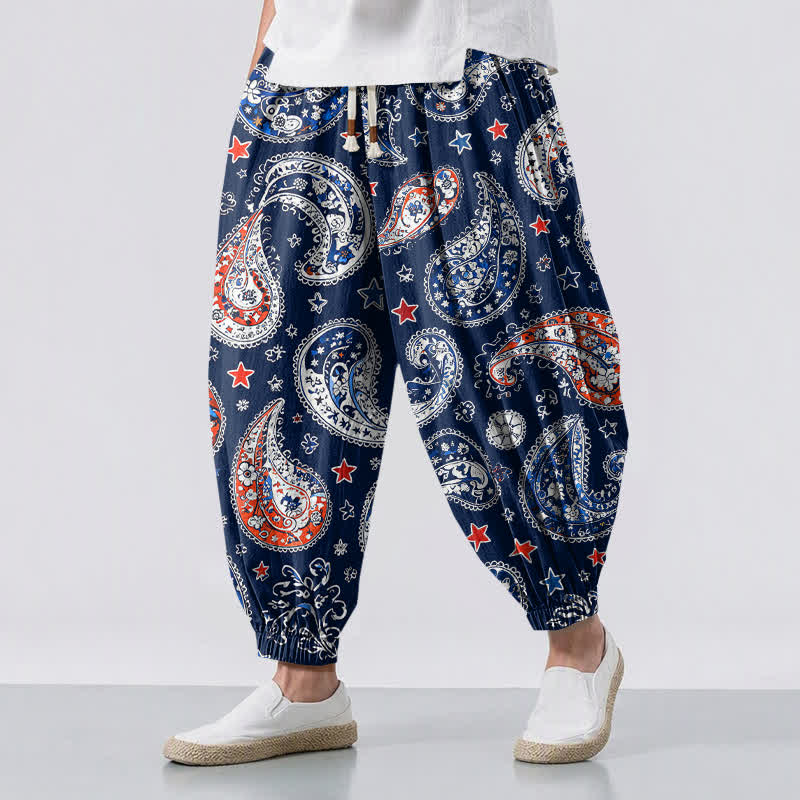 Buddha Stones Spodnie haremowe męskie z czystej bawełny, z wzorem paisley w gwiazdy, ze ściągaczem i kieszeniami - Marynarka wojenna - US/UK/AU50, EU60 (5XL) - image 0