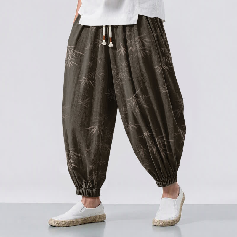 Buddha Stones Spodnie haremowe męskie z czystej bawełny z motywem liści bambusa i ściągaczem, z kieszeniami - SaddleBrown - US/UK/AU50, EU60 (5XL) - image 0