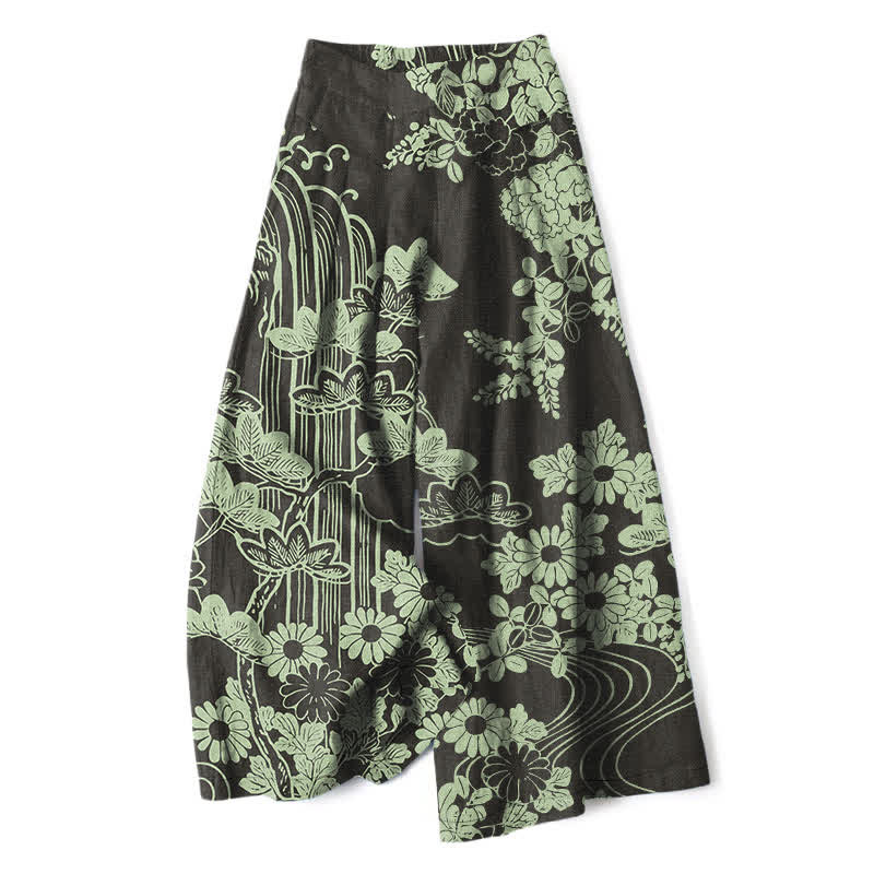 Buddha Stones Spodnie damskie z szerokimi nogawkami i elastyczną talią i kieszeniami, z bawełny i lnu w stylu vintage bloom - Czarny - US16, UK/AU20, EU48 (3XL) - image 0