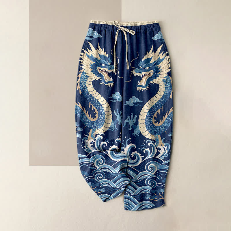 Buddha Stones Spodnie damskie z elastyczną talią i kieszeniami, z czystej bawełny, z wzorem Twin Dragon Wave - Marynarka wojenna - US16, UK/AU20, EU48 (3XL) - image 0