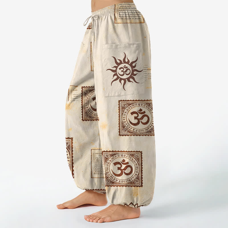 Buddha Stones Bawełniane spodnie damskie typu harem z elastycznym pasem i kieszeniami bocznymi w stylu vintage Om Sun Pattern - image 1
