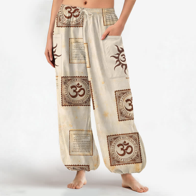 Buddha Stones Bawełniane spodnie damskie typu harem z elastycznym pasem i kieszeniami bocznymi w stylu vintage Om Sun Pattern - Beżowy - US16, UK/AU20, EU48 (3XL) - image 0