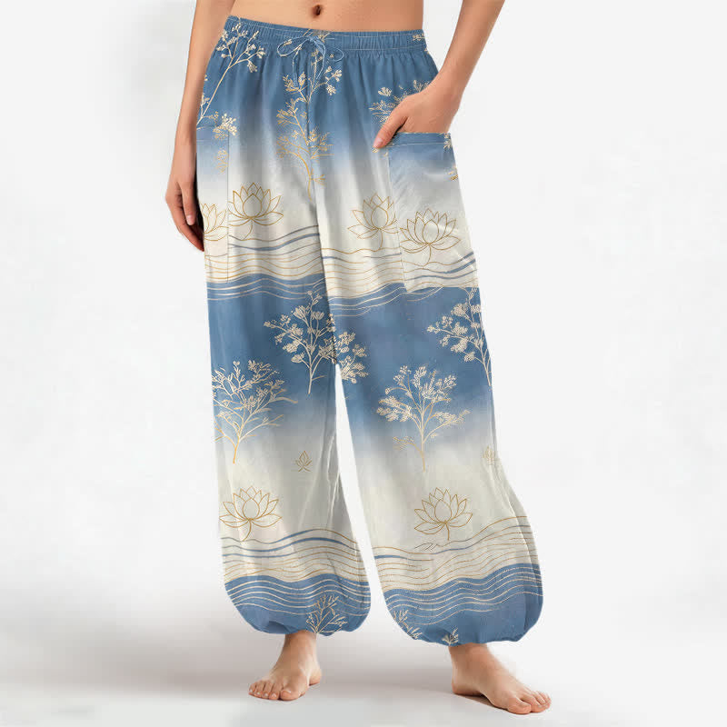 Buddha Stones Spodnie damskie typu harem z bawełny z wzorem fali lotosu, z elastyczną talią i kieszeniami bocznymi - Chaber niebieski - US16, UK/AU20, EU48 (3XL) - image 0