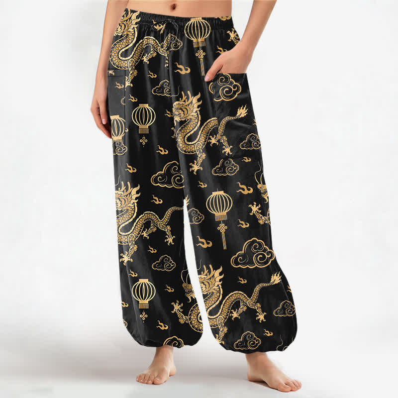 Buddha Stones Spodnie damskie haremowe z elastycznej talii i bocznymi kieszeniami, z motywem złotego smoka i latarnią - Czarny - US16, UK/AU20, EU48 (3XL) - image 0