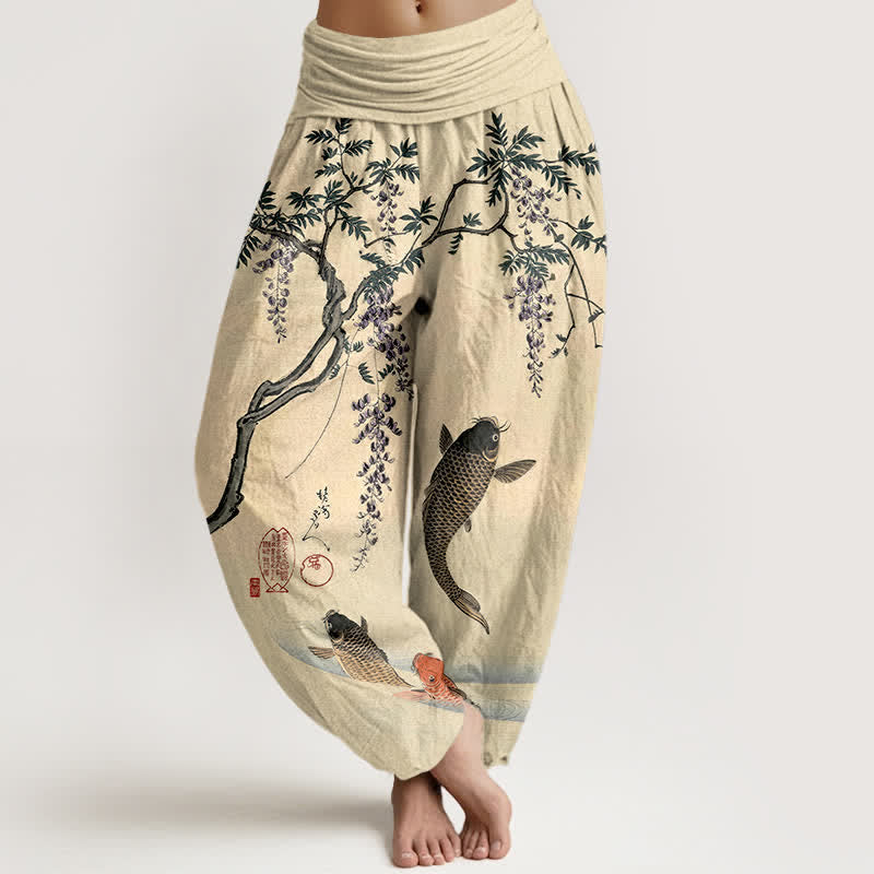 Buddha Stones Spodnie damskie typu harem z bawełny z motywem glicynii koi - Cytrynowe Szyfony - US16, UK/AU20, EU48 (3XL) - image 0