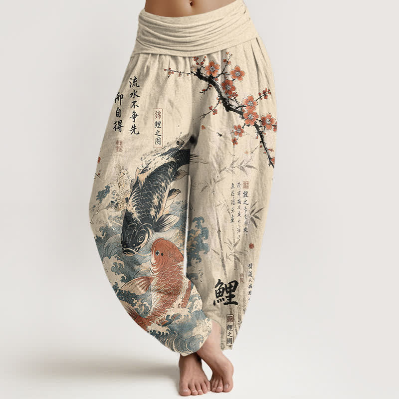Buddha Stones Spodnie damskie typu harem z elastycznej talii z motywem ryby koi - Beżowy - US16, UK/AU20, EU48 (3XL) - image 0