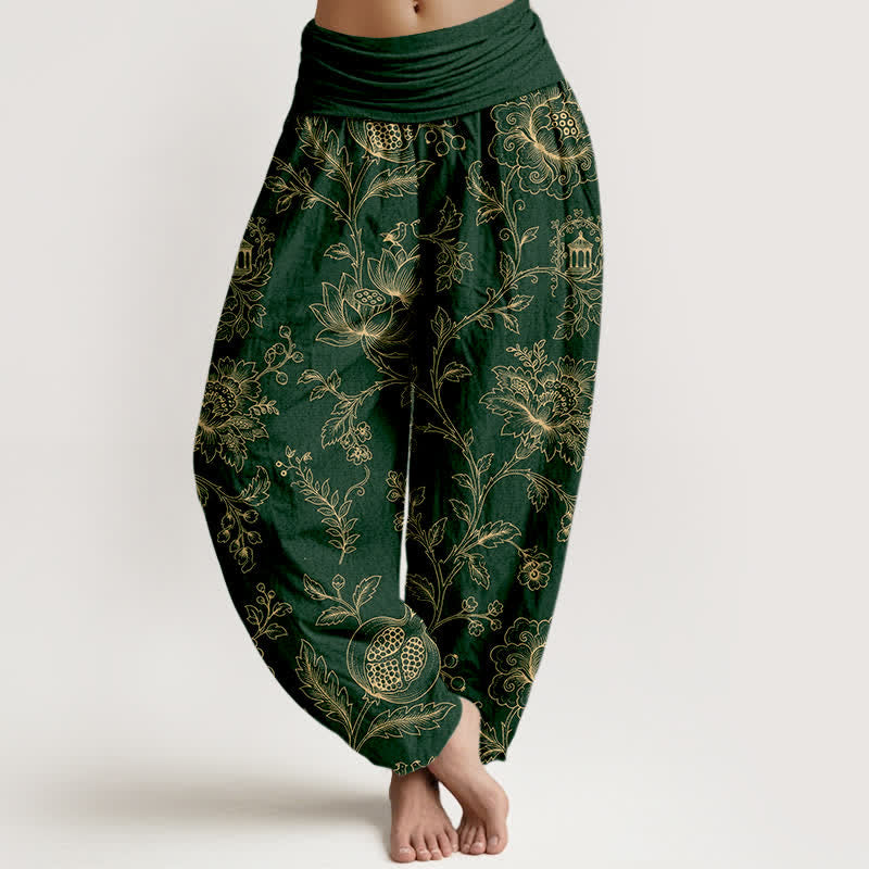 Buddha Stones Spodnie damskie haremowe z bawełny z motywem złotych kwiatów i winorośli z elastyczną talią - Ciemnozielony - US16, UK/AU20, EU48 (3XL) - image 0