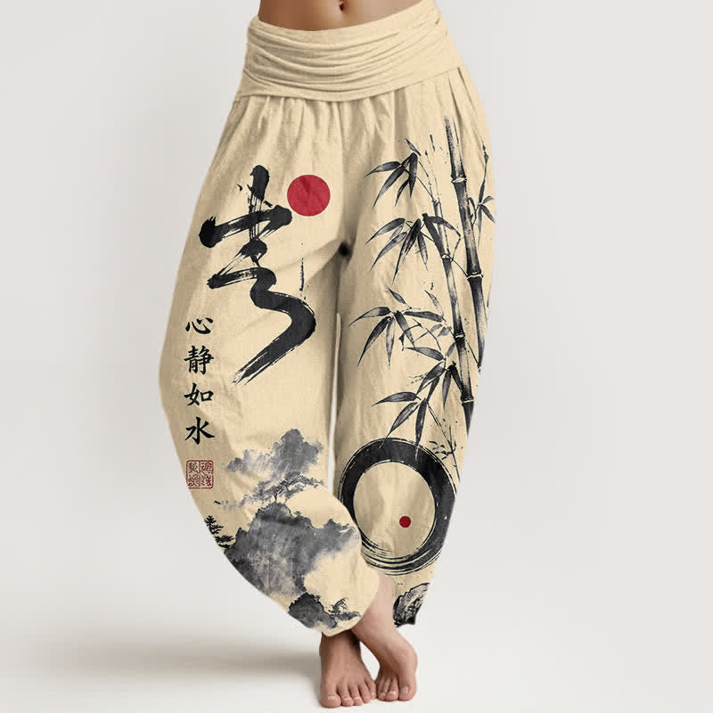 Buddha Stones Spodnie damskie typu harem z elastycznej talii z nadrukiem bambusowym w krajobrazy - Cytrynowe Szyfony - US16, UK/AU20, EU48 (3XL) - image 0