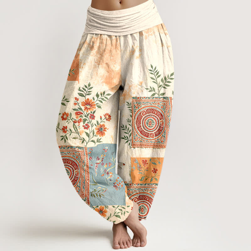 Buddha Stones Bawełniane spodnie damskie typu harem z elastycznym pasem i kwiatowym wzorem w stylu boho - Kość słoniowa - US16, UK/AU20, EU48 (3XL) - image 0