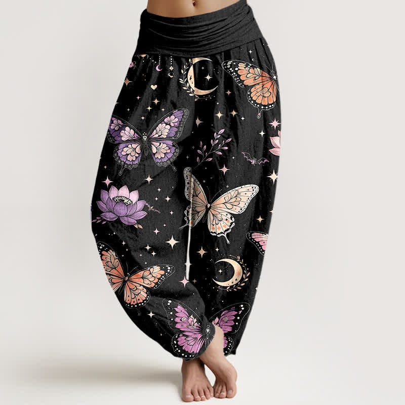 Buddha Stones Spodnie damskie haremowe z bawełny z motywem motyla, księżyca i lotosu, z elastyczną talią - Czarny - US16, UK/AU20, EU48 (3XL) - image 0