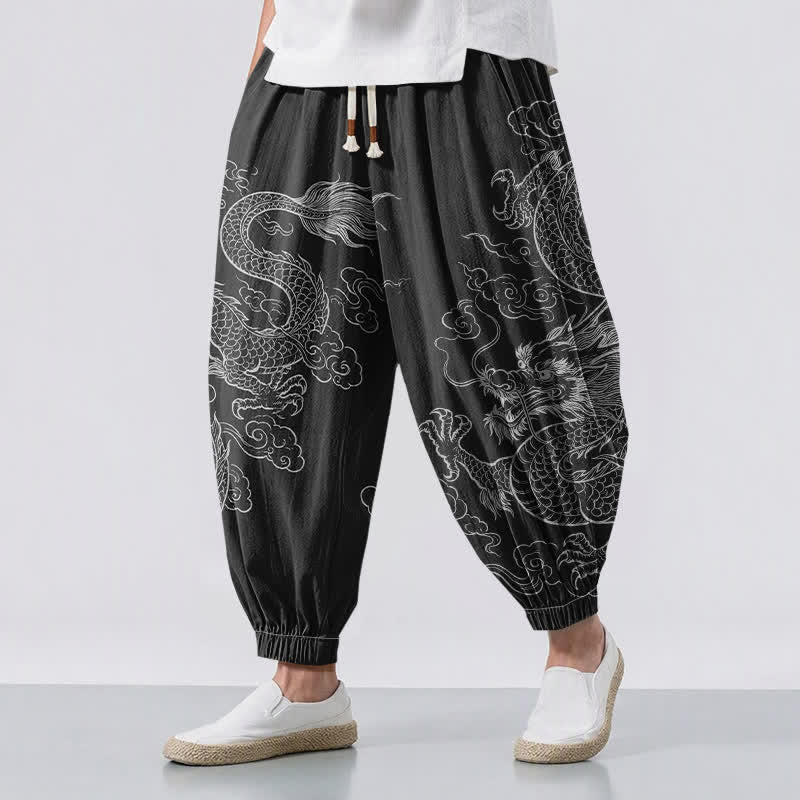 Buddha Stones Spodnie haremowe męskie z czystej bawełny ze wzorem w chmurki smoka i ściągaczem, z kieszeniami - Czarny - US/UK/AU50, EU60 (5XL) - image 0