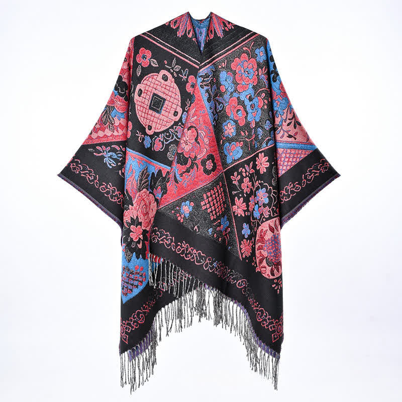 Buddha Stones Jesienno-zimowy damski szal w stylu boho z kwiatowym wzorem patchworkowym i frędzlami - image 1