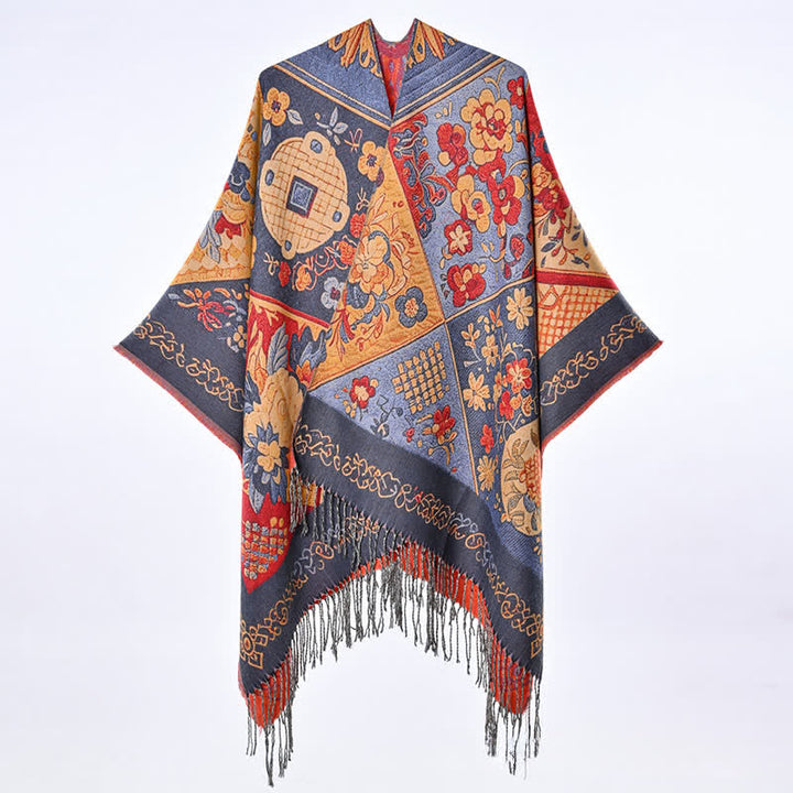 Buddha Stones Jesienno-zimowy damski szal w stylu boho z kwiatowym wzorem patchworkowym i frędzlami - image 5
