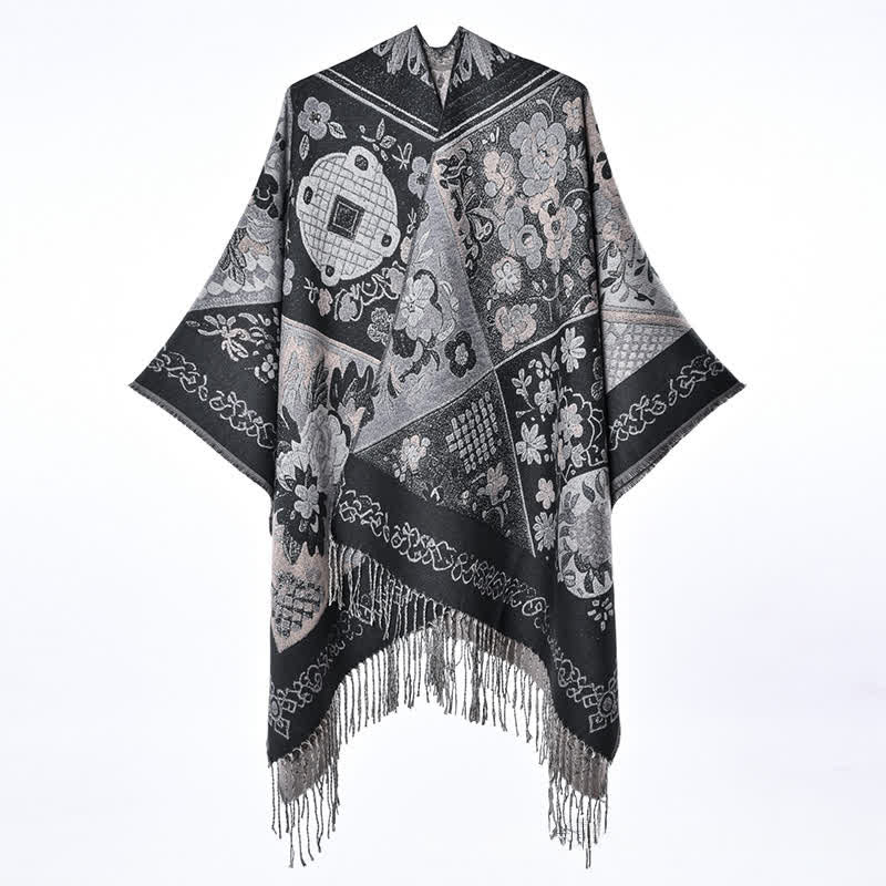 Buddha Stones Jesienno-zimowy damski szal w stylu boho z kwiatowym wzorem patchworkowym i frędzlami - image 9