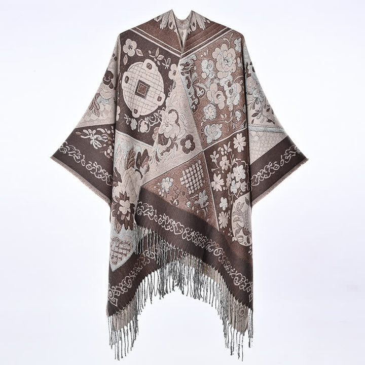 Buddha Stones Jesienno-zimowy damski szal w stylu boho z kwiatowym wzorem patchworkowym i frędzlami - image 7