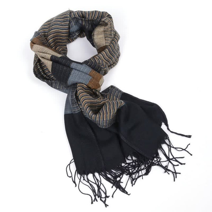 Buddha Stones Jesienno-zimowy szalik męski z kontrastowym panelem i frędzlami - image 1