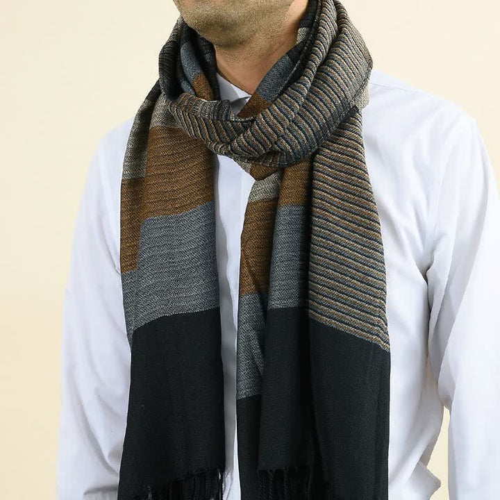 Buddha Stones Jesienno-zimowy szalik męski z kontrastowym panelem i frędzlami - image 5