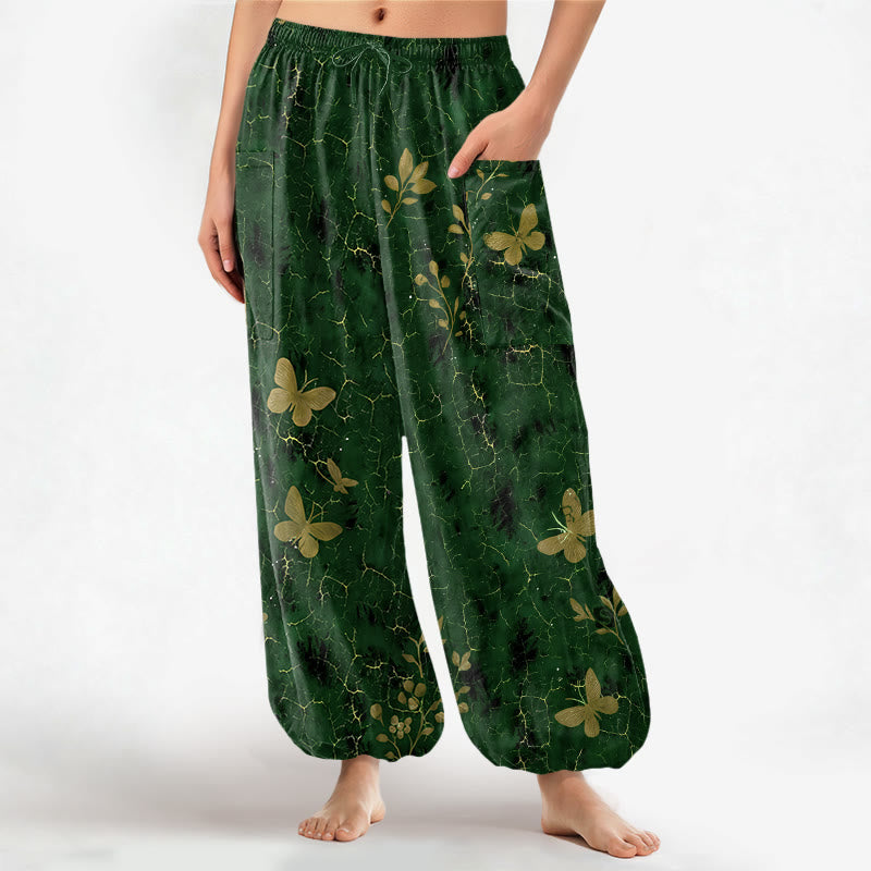 Buddha Stones Spodnie damskie typu harem z elastycznej talii z bocznymi kieszeniami i wzorem motyli botanicznych - ForestGreen - US16, UK/AU20, EU48 (3XL) - image 0