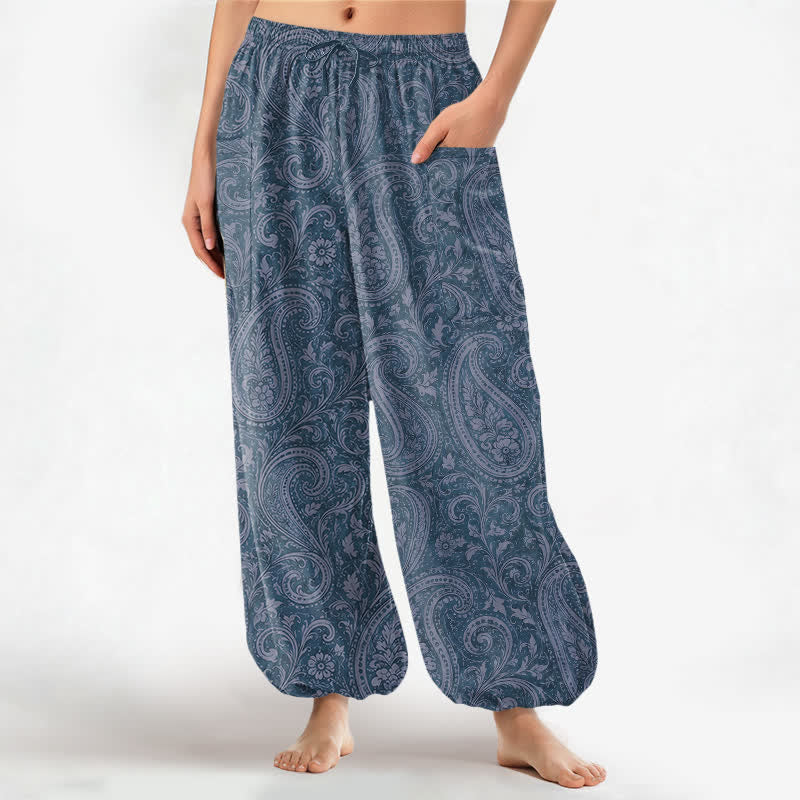 Buddha Stones Spodnie damskie typu harem z bawełny w stylu vintage z elastycznym pasem i kieszeniami bocznymi - Stalowoniebieski - US16, UK/AU20, EU48 (3XL) - image 0