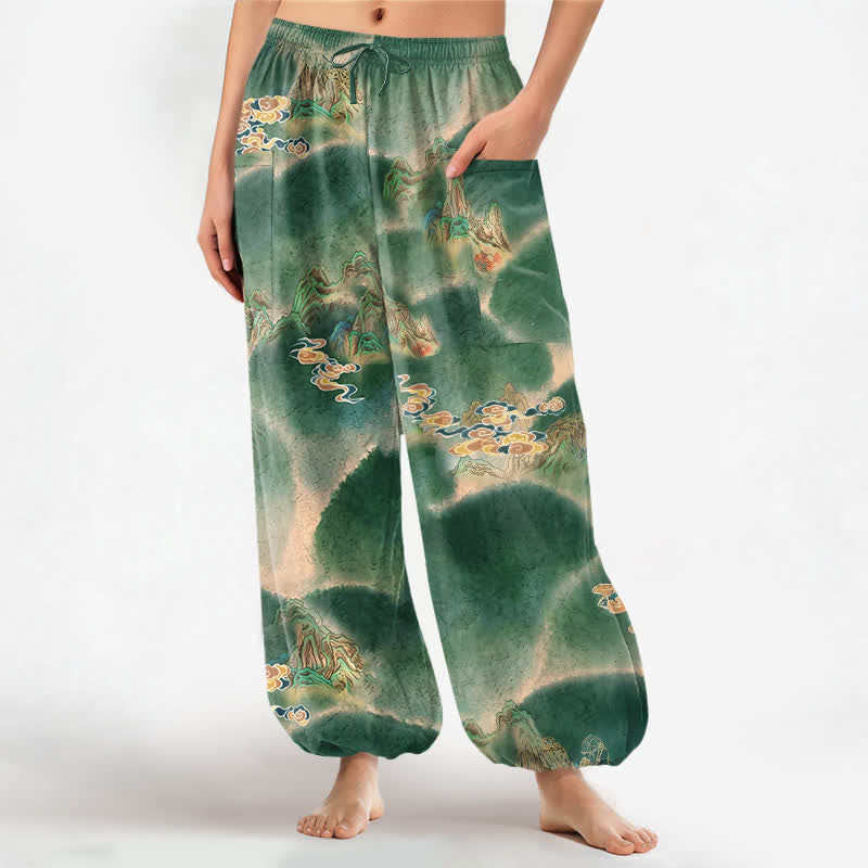 Buddha Stones Spodnie damskie typu harem z bawełny z motywem mglistego krajobrazu, z elastyczną talią i kieszeniami bocznymi - SeaGreen - US16, UK/AU20, EU48 (3XL) - image 0