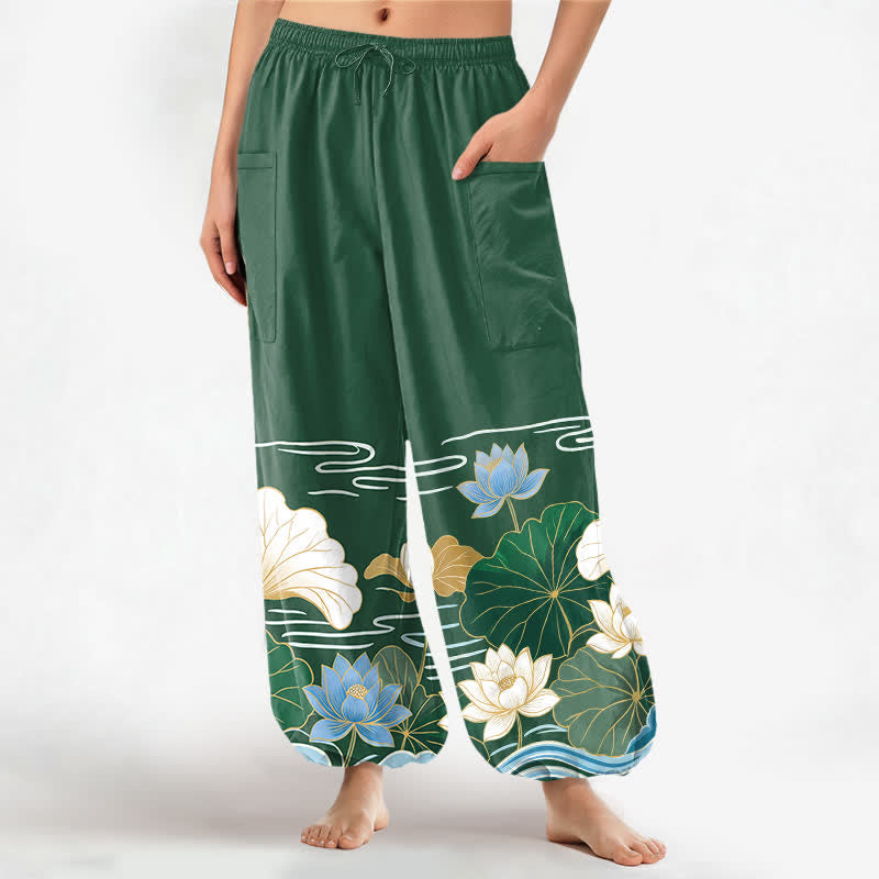 Buddha Stones Spodnie damskie typu harem z elastycznej talii z motywem liści lotosu i kieszeniami bocznymi - ForestGreen - US16, UK/AU20, EU48 (3XL) - image 0