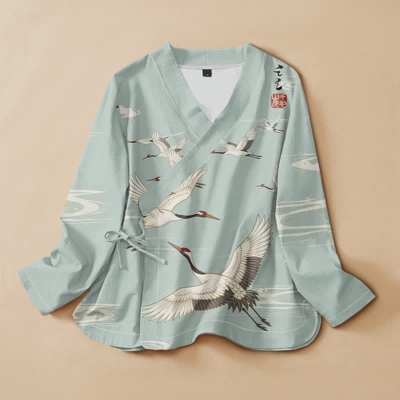 Buddha Stones Bawełna Latający Żuraw Nadruk Wody Fale Styl Hanfu Kopertowa Koszula Damska Z Długim Rękawem Kimono - PaleTurquoise - US16, UK/AU20, EU48 (3XL) - image 0