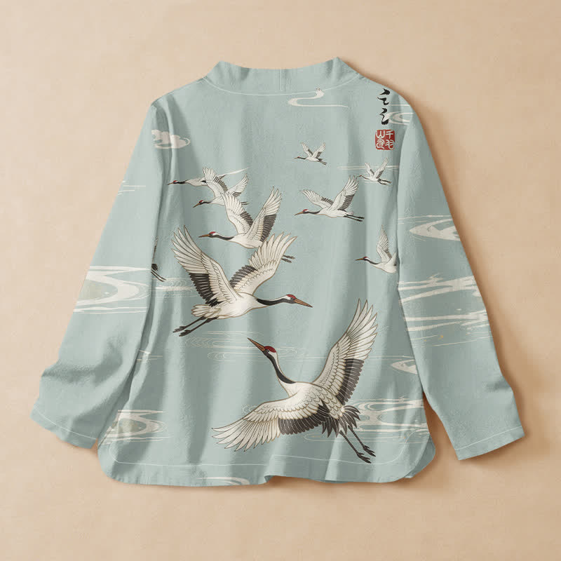 Buddha Stones Bawełna Latający Żuraw Nadruk Wody Fale Styl Hanfu Kopertowa Koszula Damska Z Długim Rękawem Kimono - image 1