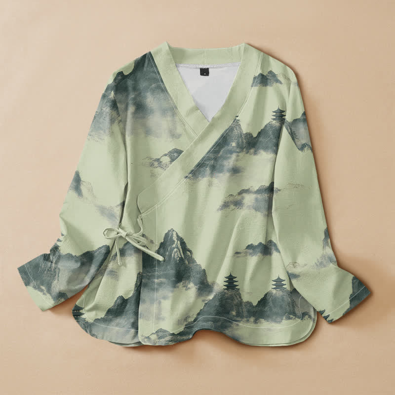 Koszula damska z długim rękawem, kimono, z nadrukiem pagody w stylu Hanfu, z nadrukiem w kwiaty i nadrukiem w kwiaty w kolorze bawełny i tuszu w stylu Buddha Stones - PaleGreen - US16, UK/AU20, EU48 (3XL) - image 0