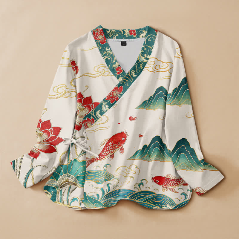 Koszula damska z długim rękawem, dekoltem w serek, sznurowana, z motywem chmur, z motywem Koi i Buddha Stones , Kimono - Kość słoniowa - US16, UK/AU20, EU48 (3XL) - image 0