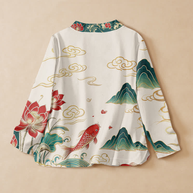 Koszula damska z długim rękawem, dekoltem w serek, sznurowana, z motywem chmur, z motywem Koi i Buddha Stones , Kimono - image 1