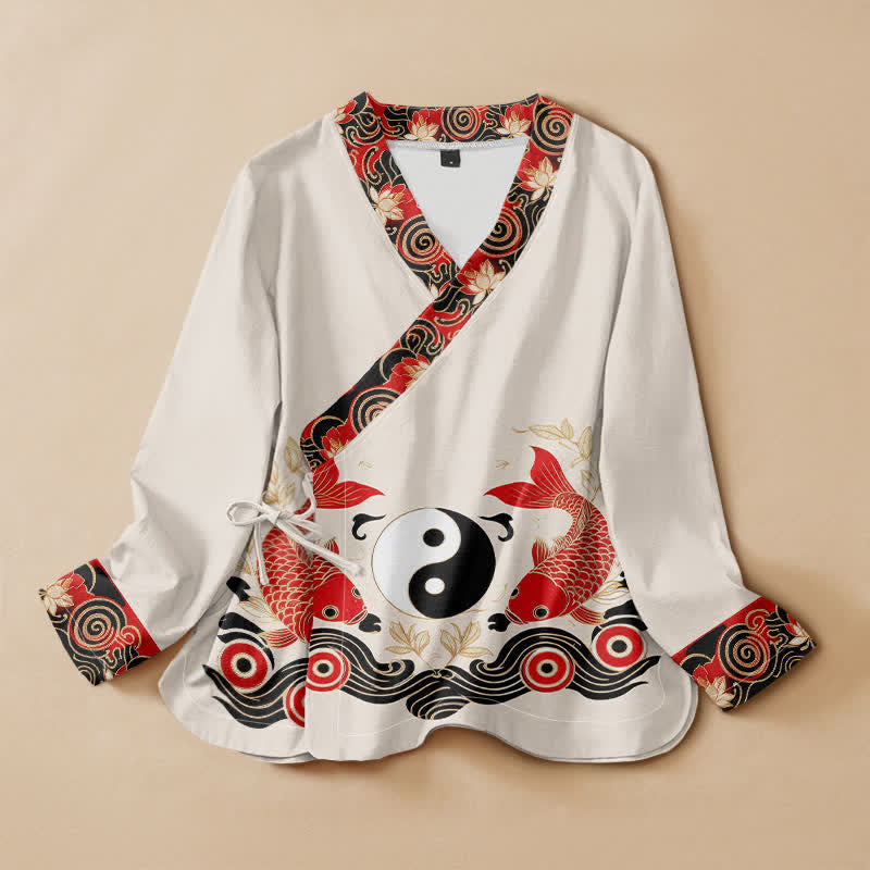 Buddha Stones Bawełna Koi Ryba Yin Yang Lotos Nadruk Hanfu Styl Owijany Dekolt w Serek Sznurowane Damskie Koszule Z Długim Rękawem Kimono - Kość słoniowa - US16, UK/AU20, EU48 (3XL) - image 0