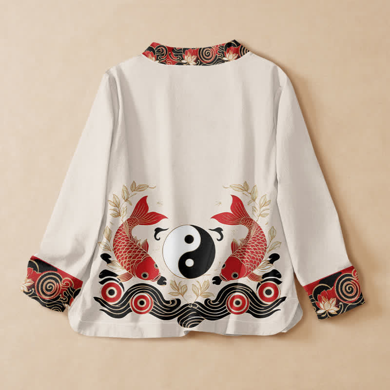 Buddha Stones Koszule damskie z długim rękawem, z nadrukiem w stylu Hanfu, z motywem ryby Koi Yin Yang i lotosu, z dekoltem w serek i sznurowaniem - image 1