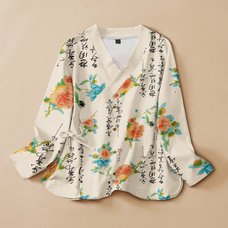 Koszula damska z długim rękawem Kimono z nadrukiem w kwiaty i kaligrafią Buddha Stones z bawełny w stylu Hanfu, dekoltem w serek i sznurowaniem - Kość słoniowa - US16, UK/AU20, EU48 (3XL) - image 0