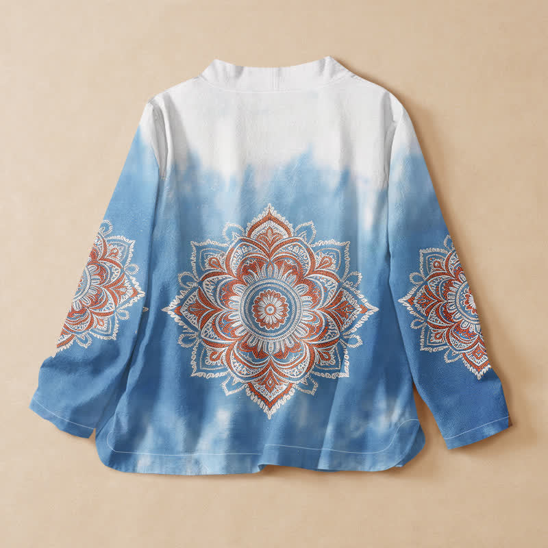 Buddha Stones Koszule damskie z długim rękawem, z nadrukiem mandali w stylu boho i hanfu, z dekoltem w serek i sznurowaniem - image 1