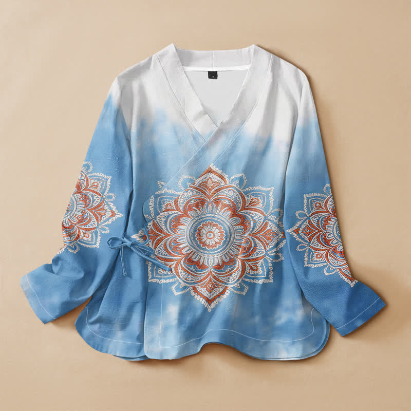Buddha Stones Koszule damskie z długim rękawem, z nadrukiem mandali w stylu boho i hanfu, z dekoltem w serek i sznurowaniem - SkyBlue - US16, UK/AU20, EU48 (3XL) - image 0