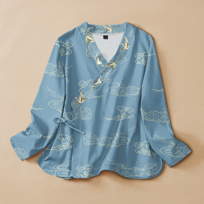 Buddha Stones Koszule damskie z długim rękawem i dekoltem w serek z nadrukiem w chmury i sznurowaniem Cotton Crane Auspicious Cloud Print - PowderBlue - US16, UK/AU20, EU48 (3XL) - image 0