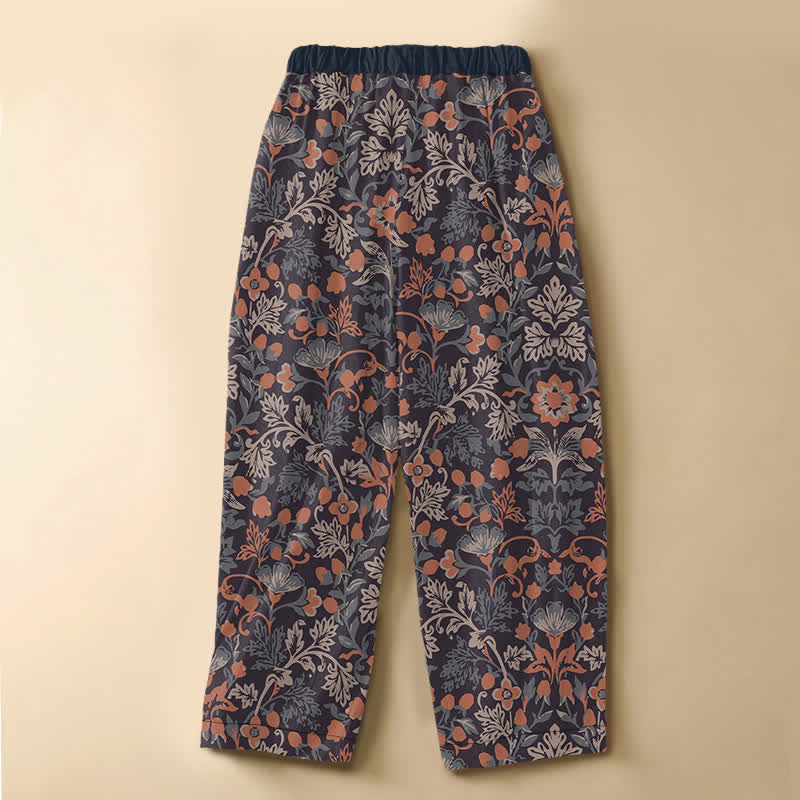 Buddha Stones Spodnie damskie haremowe z elastycznej talii i kieszeniami, z czystej bawełny, w stylu boho, z kwiatowym motywem winorośli i żabim guzikiem - image 1