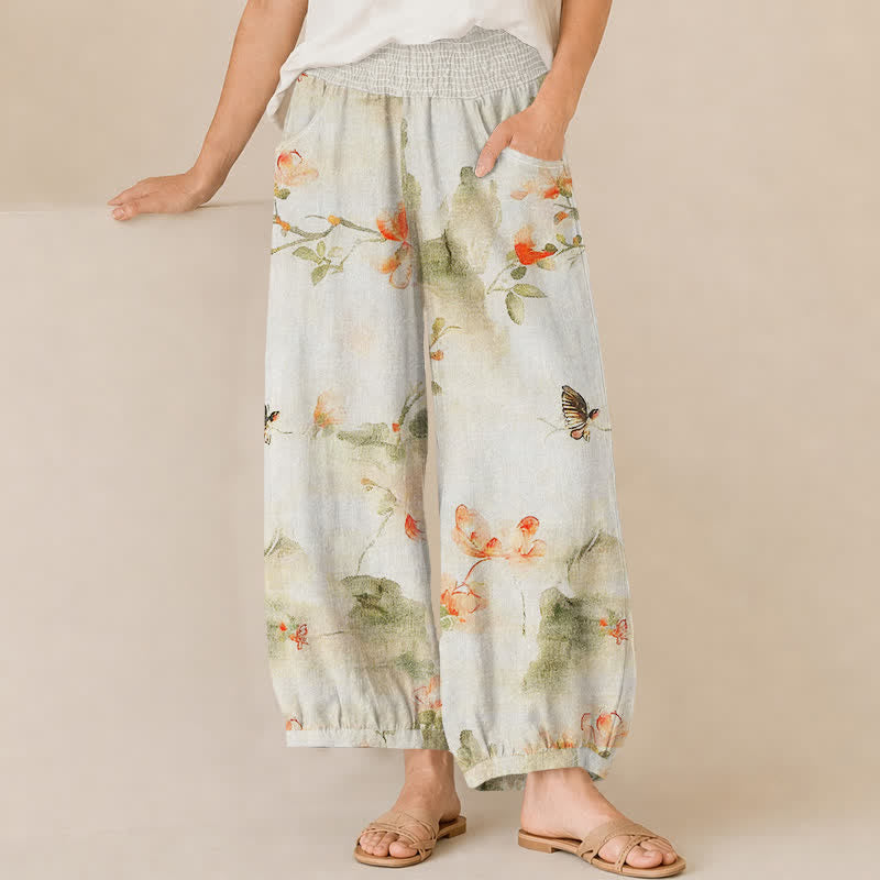 Buddha Stones Bawełniane spodnie haremki damskie z plisowaną elastyczną talią i motywem motyli w akwarelowym kolorze - Kość słoniowa - US16, UK/AU20, EU48 (3XL) - image 0