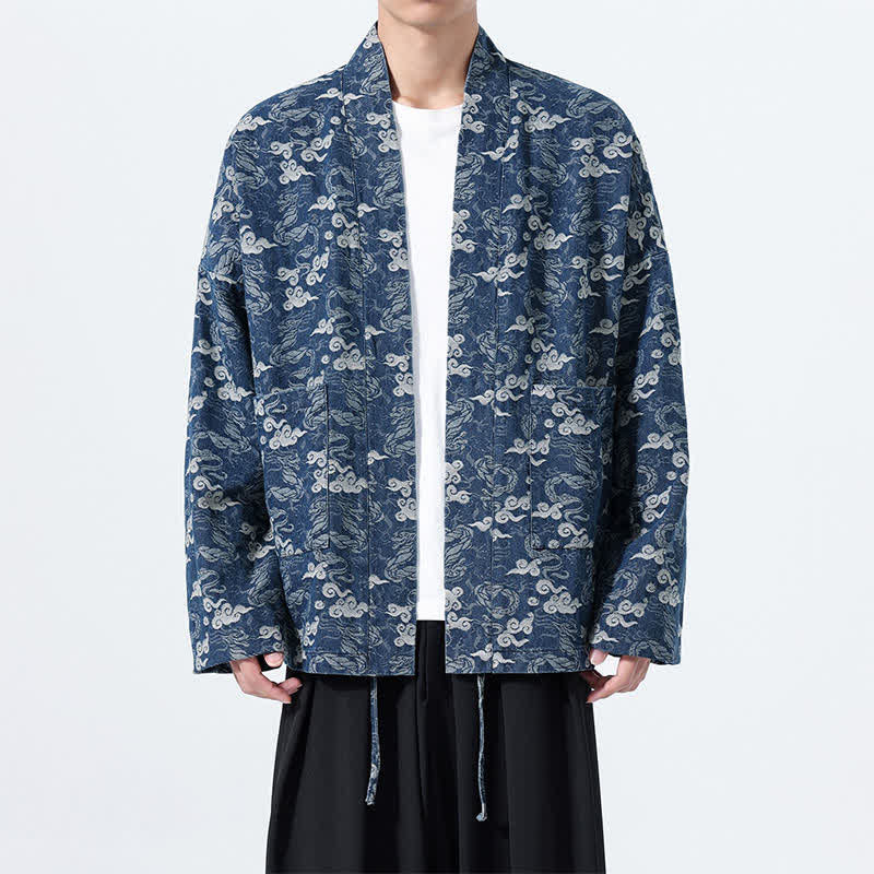 Buddha Stones Wiosna Jesień Swobodny Sznurek Męski Bawełniany Kimono Z Abstrakcyjnymi Chmurami - Marynarka wojenna - US/UK/AU46， EU56 (3XL) - image 0